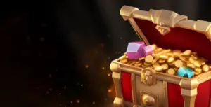 Image featuring a treasure chest filled with gold coins and gems, representing the cashback bonus at 1xSlots.